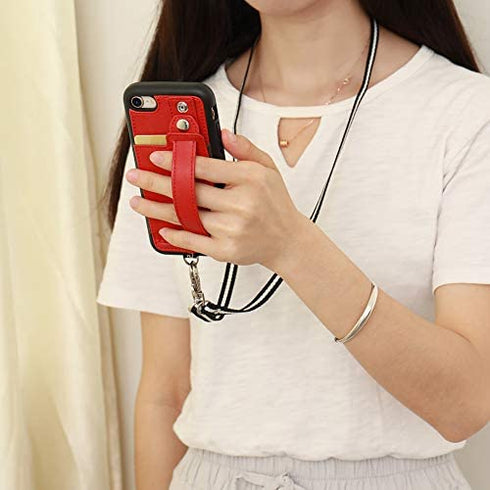 TOOVREN iPhone SE Case 2020/2022 Phone Lanyard Neck Strap for iPhone 8 Case with Card Holder iPhone 7 Wallet Case with Kickstand Leather PU Card Holder Wallet Adjustable Phone Necklace Red